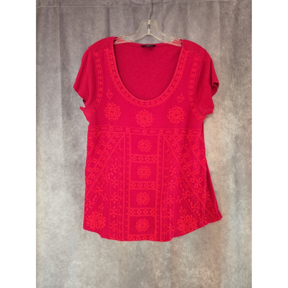LUCKY BRAND Women's Pink Embroidered Scoop Neck Short Sleeve Top Size L BOHO